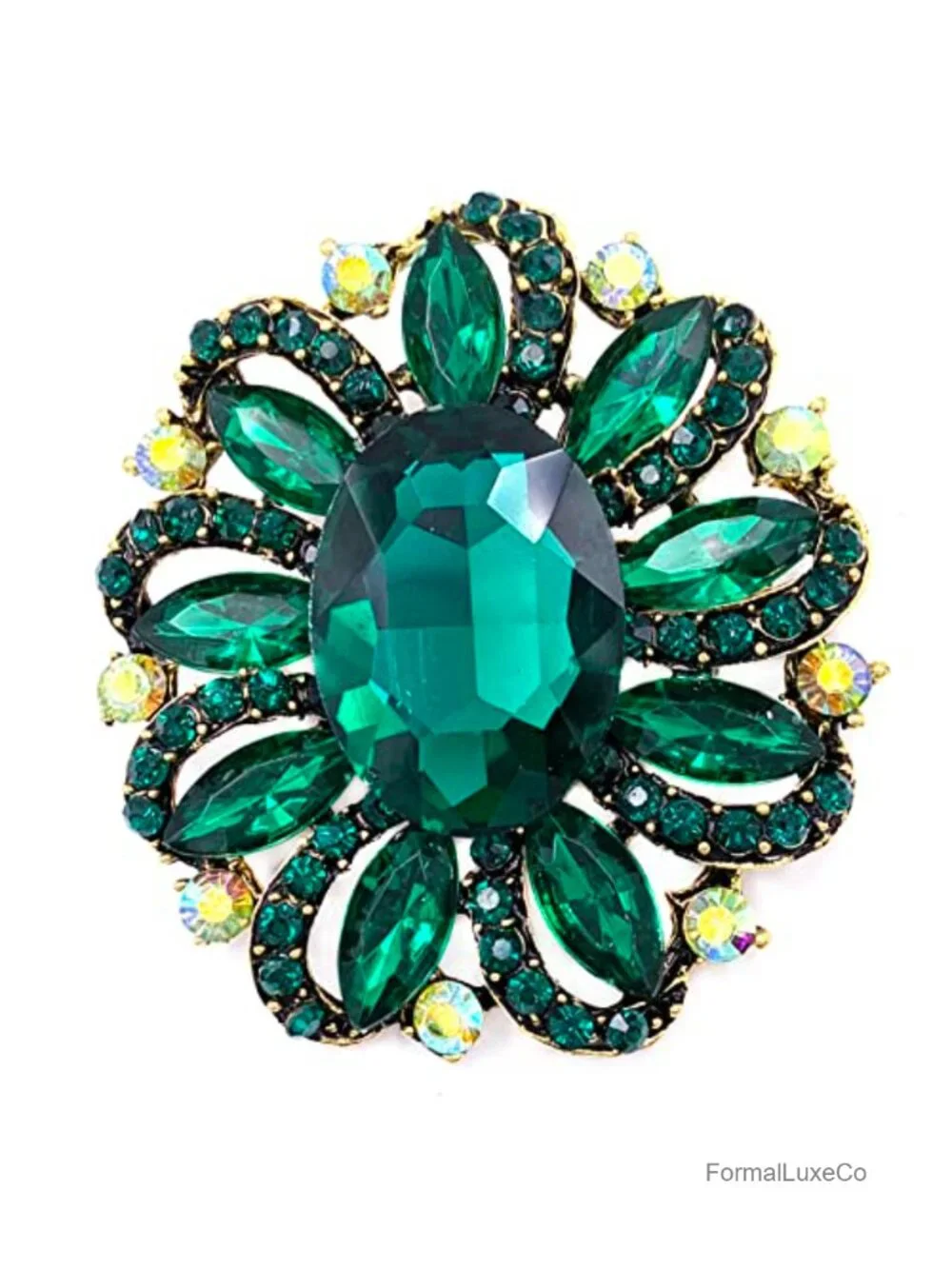 Flower Rhinestone Statement Brooch Pin Antique Gold Tone Alloy Crystal